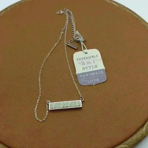 Jil Zarah Signed Clay Dainty Silvertone Porcelain blue horizontal Bar Necklace - Picture 1 of 4